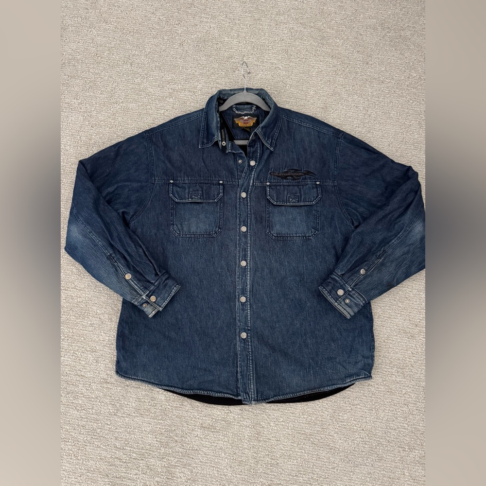 Harley Davidson Jean Denim Jacket Men's XLarge Fleece Lined Snap Close  Y2K Vtg